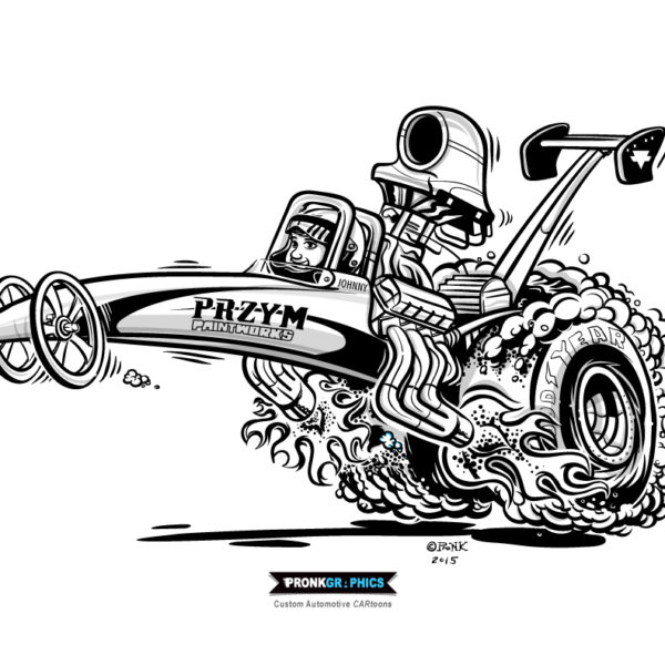 Hotrod cartoon dragster. © Timothy Pronk www.pronkgraphics.com