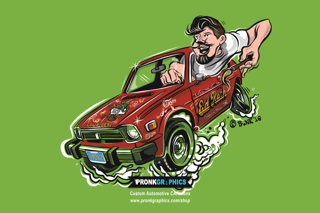 Ed Roth Honda Civic Hotrod Cartoon. Artwork © Timothy Pronk - www.pronkgraphics.com