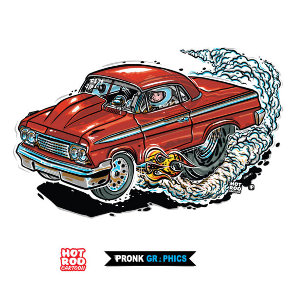 62 Impala Drag Car Cartoon ©Timothy Pronk - https://pronkgraphics.com | https://hotrodcartoon.com